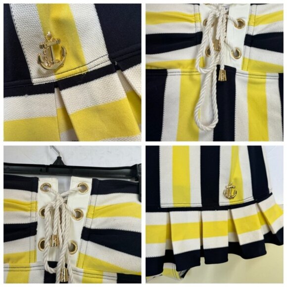 Juicy Couture Pleated Skirt Striped Nautical Swimsuit One Piece Pin Up Retro M - Picture 8 of 16